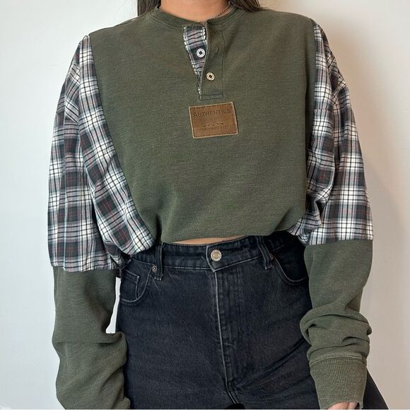 Reworked Wrangler Henley Sweater Long Sleeve Plaid Flannel Green Patchwork Shirt - Picture 4 of 4